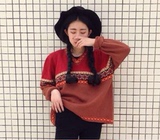 韩版秋季复古古着vintage民族风拼接撞色细毛线针织衫V领套头毛衣