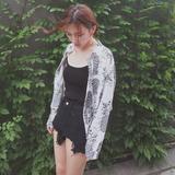 HiGirl韩国女装菠萝印花度假风短款棉麻衬衫防晒衣夹克外套空调衫
