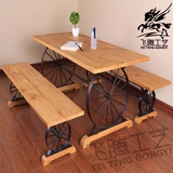 美式实木咖啡厅桌椅组合酒吧个性休闲桌椅创意车轮复古铁艺餐桌椅