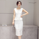 半身裙两件套装白色夏季淑女蕾丝无袖韩版中长款修身显瘦包臀气质