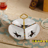 精品果盘中式陶瓷三格果盘餐桌茶几精致摆件饰品