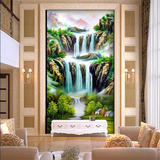 3D中式国画油画山水风景画玄关壁画走廊过道背景墙纸无缝整张壁纸
