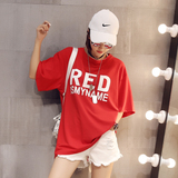 纯红色英文字母宽大袖口短袖T恤女上衣夏装2016新款潮衣服打底衫