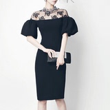 韩国代购正品黑色性感蕾丝拼接透视泡泡袖贵妇大牌包臀时尚连衣裙