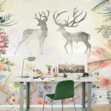 简约温馨婚房壁纸欧式花卉麋鹿客厅卧室电视背景墙纸北欧大型壁画