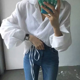 2016韩版初秋新宽松西装领系带收腰衬衫时尚OL风棉麻长袖上衣女