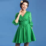 2016新款女士裙子夏季连衣裙绿色灯笼袖雪纺中裙韩版v领高腰a字裙