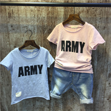 多啦啦2016夏季新款韩版童装男童清新字母个性卷边短袖T恤