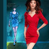 秋装新款韩版时尚女性感V领镶钻一步裙修身泡泡袖包臀雪纺连衣裙