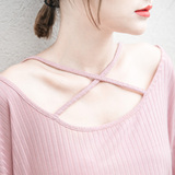 夏季女新款简约个性交叉镂空学生纯黑白粉色宽松大码圆领短袖t恤