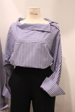韩国范代购东大门2016春新款女装衬衣宽松长袖气质条纹一字领衬衫