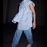 G-WHEN 16春夏 独立设计 原创 蓝白条纹宽松 假两件无袖衬衫 男