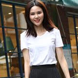 言外 高品质纯白色V领纯棉宽松 短袖T恤女简约黑色韩版春夏装