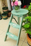 日本ZAKKA 做旧花架园艺garden做旧复古木梯子 蓝绿色花凳