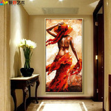 玄关简约装饰画手绘抽象色块美女油画现代客厅卧室酒店挂画有框画
