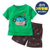 童装男童夏装 新款套装纯棉两件套 宝宝短袖T恤短裤套装绿色猴子