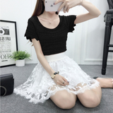 新款韩版修身显瘦镂空短袖薄针织T恤衫+高腰蕾丝蓬蓬短裙两件套潮