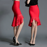 2016春季蕾丝包臀裙 欧美中长荷叶边半身裙 红色一步性感鱼尾裙