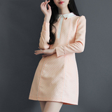 DM2016春季新品女装连衣裙 甜美粉色小香风镶钻娃娃领长袖一步裙