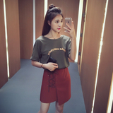 夏季新款2016韩版时尚套装裙女字母印花T恤不规则半身包裙两件套