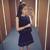 2016韩版夏季新款宽松无袖包裙套装女系带上衣a字半身短裙两件套