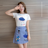 韩国夏装新款短袖重工卡通刺绣T恤上衣A字条纹半裙显瘦时尚套装
