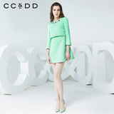品牌特卖ccdd2016春装新款钉珠圆领假两件连衣裙气质淑女a字裙