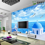 人气3d立体壁画蓝色地中海爱琴海城堡壁纸客厅电视KTV房背景墙纸