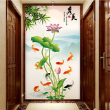 新品3d立体竖版中式荷花鲤鱼墙纸客厅玄关壁画过道走廊背景墙壁纸