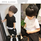 卡七家2016夏装新款 韩版中小童纯色圆领T恤男童假两件纯棉短袖T