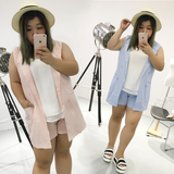 大码女装胖MM夏装2016韩版时尚气质两件套休闲西装马甲短裤套装