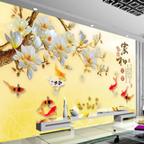 3d中式无缝大型壁画客厅沙发电视背景墙免胶壁纸家和富贵花九鱼图