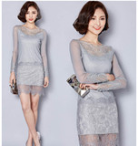 春季新品蕾丝衫女装中长款连衣裙  时尚修身韩版大码显瘦女