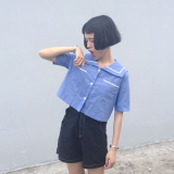 2016夏装新款韩版学院风复古短款海军领宽松短袖衬衫百搭女学生潮