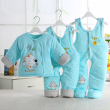新生婴儿厚款棉衣套装秋冬季0-3-6-12个月男女宝宝背带裤三件外套