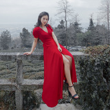 裴朵原创 夏季新品红色修身显瘦复古大摆雪纺连衣裙文艺气质长裙