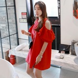 miamasvin韩国代购女装正品2016夏新款露肩荷叶袖红色连衣裙JL24