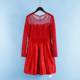 贝XN 2016新品秋装 性感蕾丝拼接长袖显瘦款礼服红色连衣裙6508