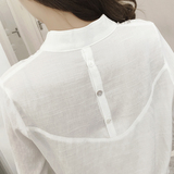 立领衬衫女白五分袖韩版学生棉麻竖条纹文艺小清新衬衣夏休闲上衣