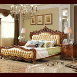 欧式床 真皮双人床 1.8米皮艺床 美式实木雕刻大床 婚床 卧室家具
