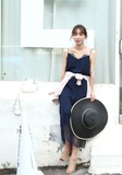 韩国正品代购   重磅真丝拼蕾丝小性感吊带连衣裙藏青色打底裙