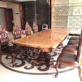 美式长方形餐桌 全实木雕花欧式高端会所酒店超大伸缩大理石方桌