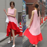 韩国代购东大门夏季新款 粉红气质清新撞色拼接大摆背心长连衣裙