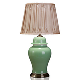 新中式陶瓷台灯绿色将军罐陶瓷台灯带钻灯罩客厅卧室装饰高档台灯