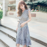 2016夏季新款韩版小清新学院风荷叶边格子连衣裙V领系带中长裙子