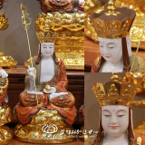 紫竹林 汉白玉贴金彩绘地藏王菩萨佛像摆件 地藏菩萨娑婆三圣摆件