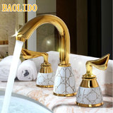 欧式金色三孔面盆水龙头 冷热分体式龙头 浴室双把金色陶瓷套装