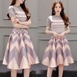 女装秋装2016新款韩版短袖针织连衣裙女印花修身裙子中长款套装裙