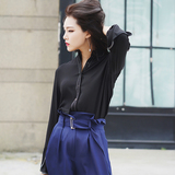 梅三观 2016夏季新款韩版宽松黑色花边袖雪纺衬衫女长袖衬衣外套