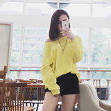 韩版时尚显瘦上衣女夏季修身薄款长袖简约百搭宽松一字领性感T恤